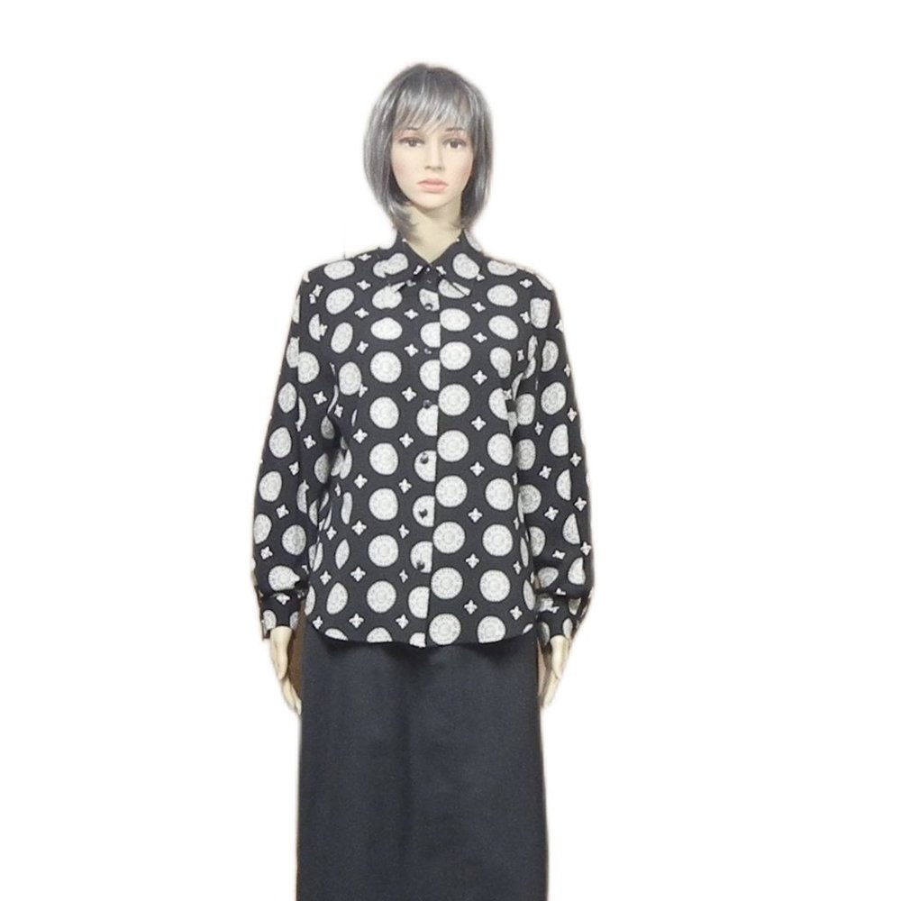 NORTON McNAUGHTON Vintage Long Sleeve, Button Down Blouse  Petite 10  Blk Wht